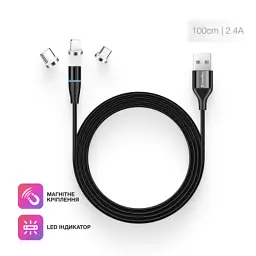 Дата кабель USB 2.0 AM to Lightning + Micro 5P + USB-C 1.0m Magnetic ColorWay (CW-CBUU038-BK) - мініатюра 8
