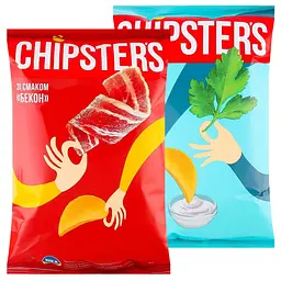 Набір чипсів Chipster's зі смаком бекону + зі смаком сметани та зелені  200 г (2 шт. х 100 г)