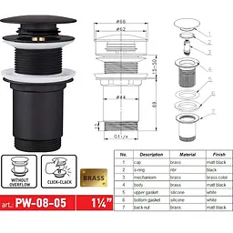 Донний клапан для раковини Koer PW-08-05 без переливу автоматичний Click-Clack 1 1/4″ Чорний KR5789 - мініатюра 10