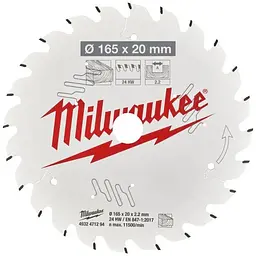 Диск пиляльний по дереву PFTE MILWAUKEE, діаметр 165х20х2,2мм, 24 зуб.