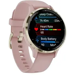Смарт-часы Garmin Venu 3S корпус розовый с золотистым стальным безелем и силиконовым ремешком.