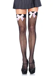 Панчохи-сітка з атласним бантиком Leg Avenue Fishnet Thigh Highs, One size, чорні з рожевим бантом