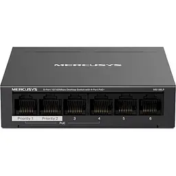 Комутатор Mercusys MS106LP, чорний, LAN 10/100/1000Mb, 4 порти PoE+