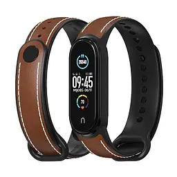Ремінець для Xiaomi Mi Band 5/6 силікон + шкіра MiJobs Коричнево Чорний (1540703) - мініатюра 4