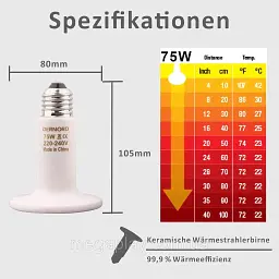 Лампа для обігріву терраріуму DERNORD Reptile Heat Lamp E27 , 75 Вт для рептилій - мініатюра 3
