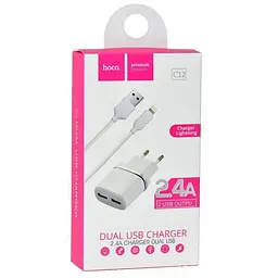 Мережевий зарядний пристрій 2USB Hoco C12 2.4A White + USB Cable iPhone 6 - мініатюра 4