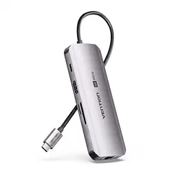Док-станція USB-C хаб Vention 8-в-1 HDMI до 4K 60 Гц 3 USB 3.0 для даних до 5 Гбіт/с Gigabit Ethernet RJ45 до 1000 Мбіт/с SD/TF читання або запис лише однієї карти за раз вхід PD для зовнішнього живлення й наскрізного заряджання хоста до 100 Вт потрібні блок живлення USB-C PD на вході PD та підтримка PD хостом HDMI потребує USB-C хоста з DP Alt Mode сумісність із Thunderbolt 3/4 вбудований кабель USB-C 0,15 м сірий (TQKHB)