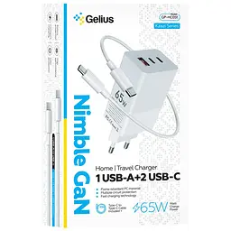Мережевий зарядний пристрій Gelius Nimble GaN 65 W GP-HC051 + кабель Type-C/Type-C White - мініатюра 2