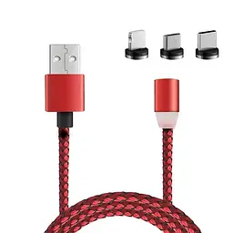 Магнитный кабель для зарядки телефона 3в1 "X-Cable" Красный, шнур для айфона/Type-C/microUSB провод