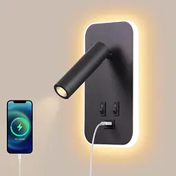 Настінний LED світильник для читання 3W+9W із USB-зарядкою, вимикачами, 3100K, чорний