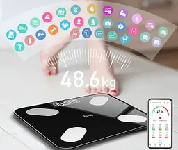 Підлогова електронна Bluetooth смарт ваги до 180кг з додатком на телефон 26x26см розумні скляні фітнес ваги Domotec ACS 2017A - мініатюра 2