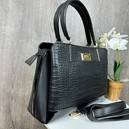 Сумка жіноча велика класична чорна під рептилію - мініатюра 2