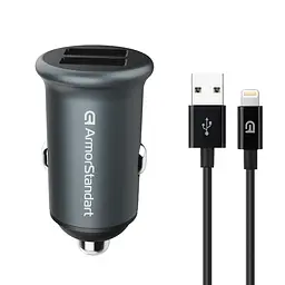 Автомобільний зарядний пристрій 36W з двома USB портами та функцією швидкого заряджання QC3.0, в комплекті кабель Lightning, зарядка для телефону та планшета в прикурювач, ArmorStandart (ARM82458)