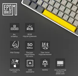 Клавіатура ігрова механічна бездротова Epomaker EP-64-WM White 2.4G/BT/USB RGB Mulan Switch Linear Hot-Swap - мініатюра 6