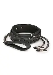 Нашийник EasyToys Leather Collar With Nipple Chains (чорний)