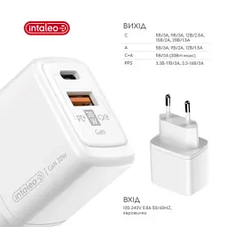 Зарядний пристрій Intaleo 30W GAN USB-C PD+USB-A QC 3.0 white (1283126578274) - миниатюра 3