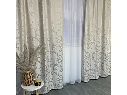 Жакардові штори "вензель" бежевого кольору 2шт. 150х270 з білим шифоновим тюлем 400х270, на тасьмі ALBO pbe0052764 - мініатюра 8