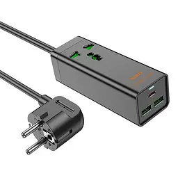 Подовжувач - зарядний адаптер Hoco AC9A Talent desktop charger 3 порти + 1 розетка АС - 2USB + Type-C 30W + 2500W 10A чорний