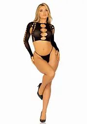 Комплект безшовної білизни Leg Avenue Long sleeve crop top & string Black, One Size, топ, стрінги - мініатюра 6
