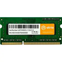 Модуль пам'яті ATRIA DDR3 4GB 1600MHz sodimm 1.35V UAT31600CL11SLK1/4 (UAT31600CL11SLK1/4)