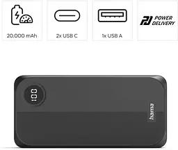 Power Bank Hama 20000mAh 15W 2USB-C/USB-A LED Black (00201755) UA - мініатюра 4