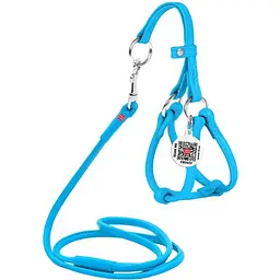 Шлея з повідцем для собак Waudog Glamour, шкіряна, кругла, з QR паспортом, 26-46х30-50х0,6/105 см, блакитний (34012)