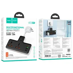 Мережевий зарядний пристрій подовжувач Hoco AC12A 3 USB/ Type-C PD 30W 2 розетки 1m чорний - мініатюра 5