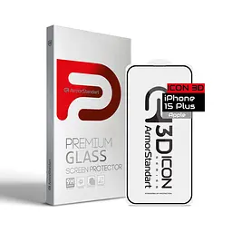 Захисне 3D скло для Apple iPhone 15 Plus, Icon 3D, загартоване, 9H, загартоване скло, повне проклеювання, протиударне, глянсове з олеофобним покриттям, на весь екран, сумісне з чохлами, проста установка, ArmorStandart (ARM68214)