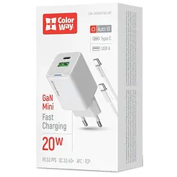 Зарядний пристрій ColorWay C101A GaN Mini 20 Вт PD PPS USB-C + USB-A QC 4.0 + кабель USB-C — USB-C чорний (CW-CHS062PDC-WT) - мініатюра 7