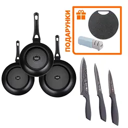 Набір сковорідок Krauff Hamburg 20 см, 26 см, 28 см та набір ножів Smart Chef + ПОДАРУНОК: Точило для ножів та кухонна дошка - мініатюра 2