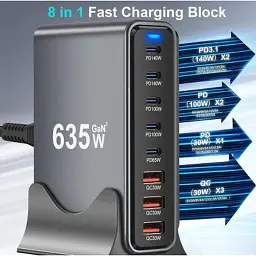 Зарядний пристрій XoKo 2xUSB-C PD3.1 140W + 2xUSB-C PD100W + 1xUSB-C PD65W + 3xUSB QC30W GaN (QC-600) - мініатюра 5