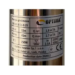 Насос свердловинний з підв, стійк, до піску 3" OPTIMA  3SDm1,8/11 0,25 кВт 45м + пульт+кабель1,5мNEW - мініатюра 2