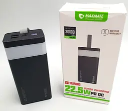 Потужний Повербанк із LED ліхтариком Power Bank із швидкою зарядкою 30000mAh 2USB /Type-C PD/QC 5A/22.5W Maxmate MMP30KP чорний - мініатюра 2