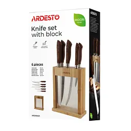 ARDESTO Набір ножів з блоком Midori, 6 предметів, нержавіюча сталь, пластик, бамбук, коричневий - мініатюра 10