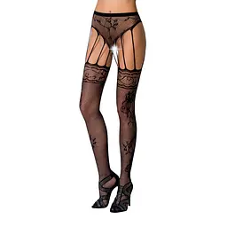 Сітчасті панчохи-стокінги Passion S016 One Size, Black, імітація ажурного пояса з гартерами - мініатюра 1