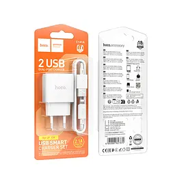 Мережевий зарядний пристрій з кабелем Hoco C141A Smart dual-port charger set(iP) білий - мініатюра 2
