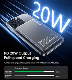 УМБ Choetech Magnetic Wireless 5000mAh 20W PD Qi-15W USB-C In/Out, тонкий, чорний - мініатюра 6