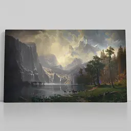 Інтер'єрна картина Серед гір Сьєрра-Невади, Альберт Бірштадт, Albert Bierstadt, репродукція картини, 60×107 см (id7002)