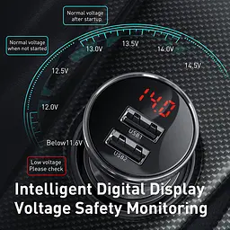 Зарядний комплект для авто BASEUS Digital Display Dual 4.8 A 24 W 2 порти юсб TZCCBX-0G - мініатюра 8