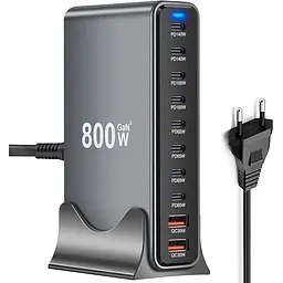 Зарядна станція ILEPO 800W багатопортова на 2 USB + 8 Type-C / мережевий мультизарядний пристрій Black (19022) - мініатюра 2