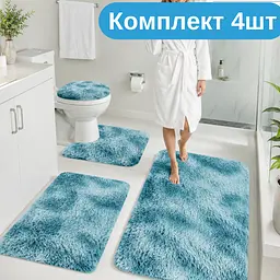 Практичний комплект м'яких килимків для ванної 4 шт , пухнасті антиковзкі килимки бірюзовий KT9000503 - мініатюра 2