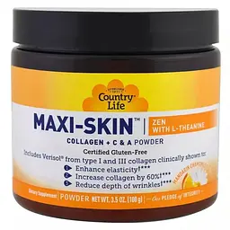 Колаген + Вітаміни С&А з теаніном у порошку  Country Life Maxi-Skin 100 г