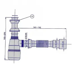Напівсифон для умивальника Bakimay PL1011 1 1/4" з гофротрубою 32x40/50 без випуску 30412 - мініатюра 2