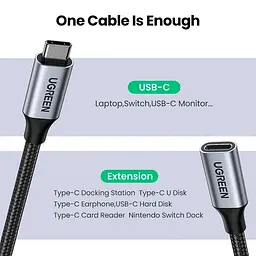 Кабель Ugreen USB 3.1 Type-C M-F,1 м,5A （10Gbps）Чорний,US372 (30205) - мініатюра 6
