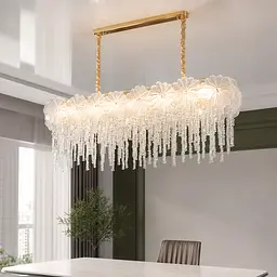 Каскадна прямокутна LED люстра Artlight 7068-800x350BGD золото зі скляним листям та підвісами 116W