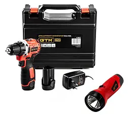 Шурупокрут акумуляторний GTM DS12/38BL з ліхтарем GTM FLC12/1 (38 Нм, 0.8-10 мм, BL, 12 В)