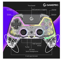 Геймпад Bluetooth джойстик GamePro GPS-13T Bluetooth 5.3/USB (PC/iOS/Android/PS3/PS4) DualShock RGB Transparent - мініатюра 11
