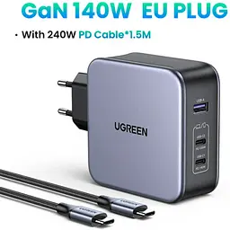 Зарядний пристрій Ugreen 3xUSB 140 Вт (2xUSB-C + USB-A) GaN CD289 з кабелем USB-C — USB-C 1.5 м (90549) - мініатюра 9