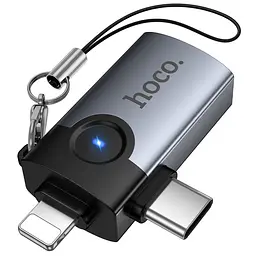 Перехідник Hoco UA46D OTG 2in1 Lightning male/Type-C male to USB female Metal gray - мініатюра 5