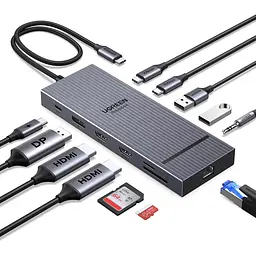 Док-станція USB-C UGREEN Revodok Pro CM886 12-в-1 2 HDMI 2.0 та DisplayPort 1.4 для одного дисплея DP до 4K 120 Гц або HDMI до 4K 60 Гц до трьох дисплеїв macOS однакове зображення на зовнішніх екранах потрібен USB-C з DP Alt Mode 2 USB-C 3.2 Gen2 до 10 Гбіт/с лише дані та 2 USB-A 2.0 вхід USB-C PD 100 Вт ноутбук до 85 Вт із зарядним пристроєм PD 100 Вт і кабелем 100 Вт RJ45 до 1000 Мбіт/с SD/microSD до 170 МБ/с аудіовихід 3,5 мм кабель 40 см космічний сірий (55767)